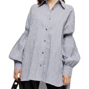 Topshop Oversized Striped Textured Button-Up Shirt Puff Smocked Sleeve Women's 6